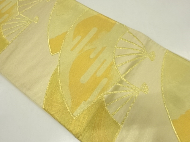 JAPANESE KIMONO / ANTIQUE FUKURO OBI / SILK / WOVEN FOLDING FAN & DISTANT MOUNTAINS
